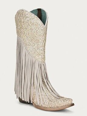 CORRAL C3955 White Lambskin Overlay Fringed snip toe cowgirl boots sz 7 NWT